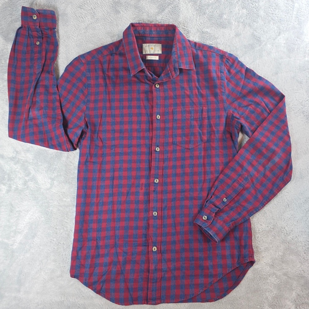Zara Man Mens Small Red Blue Check Slim Fit Button Down Denim Collection Shirt